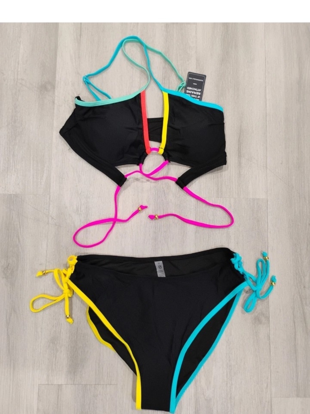 Black Colorblock Bikini with Turquoise, Yellow & Pink Trim - Women